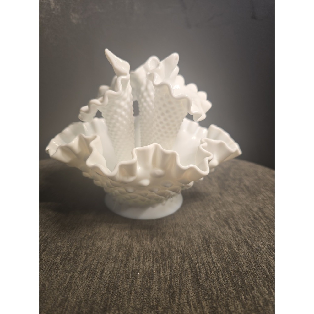 Vintage Fenton Hobnail Milk Glass Epergne Ruffled Bowl 3 Horned Vase Art Glass - Picture 3 of 11